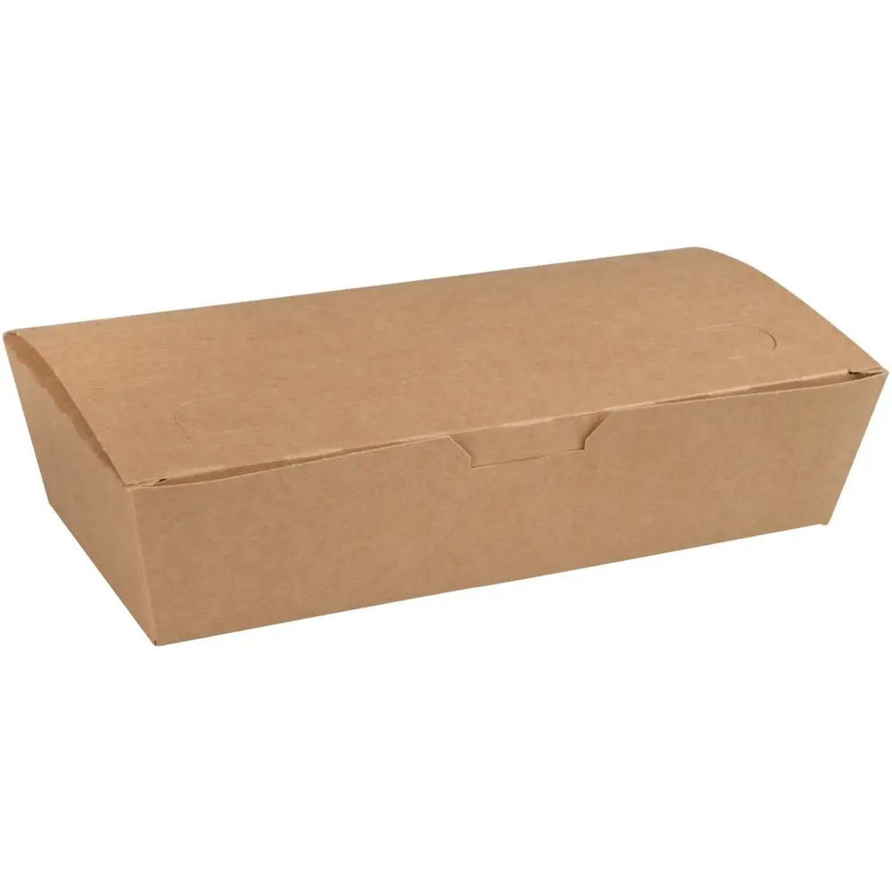 Takeaway boks, 20x10x5cm, 1000 ml, brun, pap, med hængslet låg, udstandsning i låget, lille (400 stk)