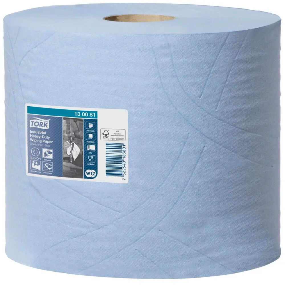 Værkstedsrulle, Tork W1/W2, 3-lags, 119m x 23,5cm, Ø26,2cm, blå, nyfiber (2rl/krt)