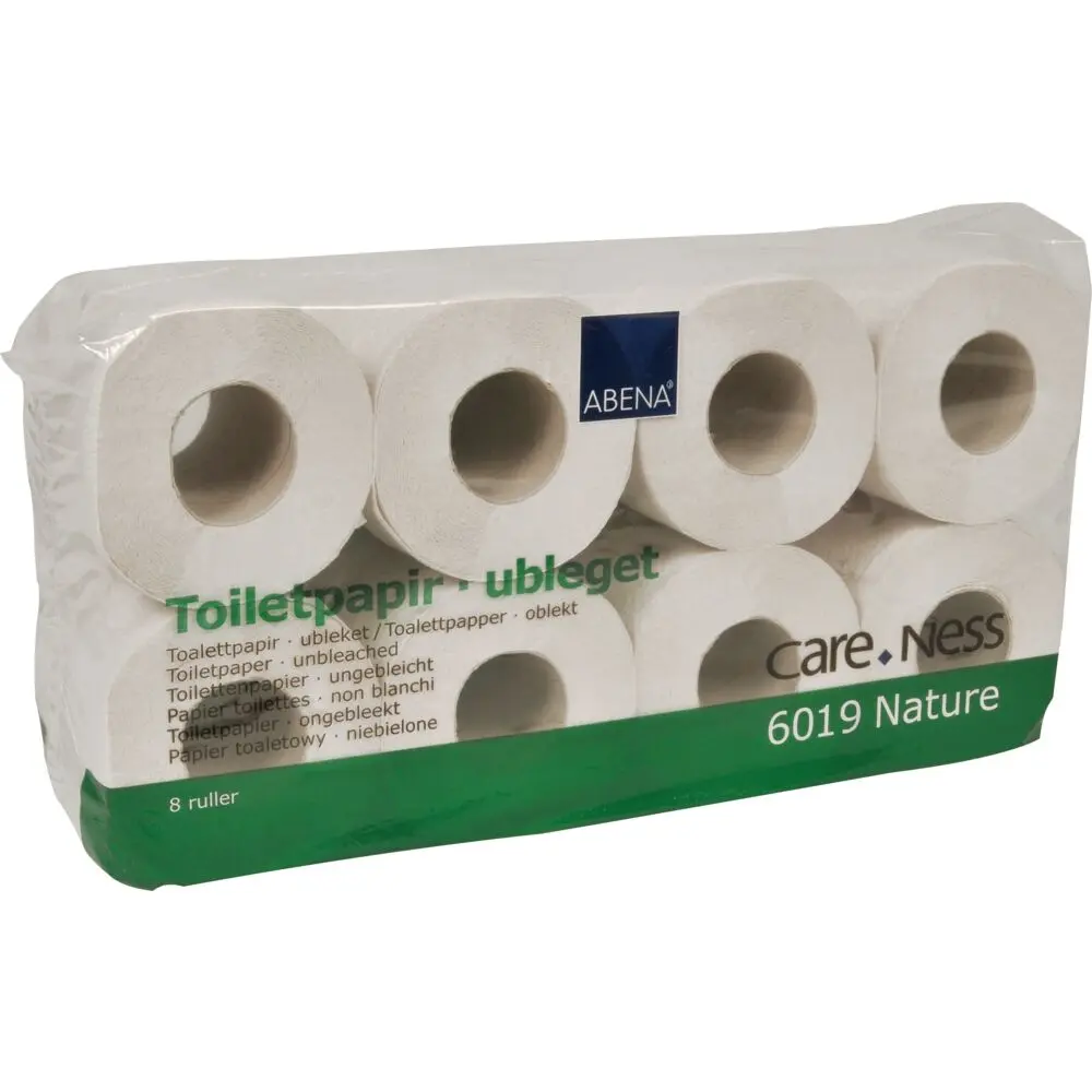 Toiletpapir, ABENA Care-Ness Basic, 2-lags, 31,25m x 9,6cm, Ø11,5cm, ubleget, genanvendt papir (56rl/krt)
