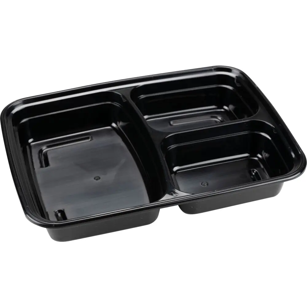 Takeaway bakke, 23,5x17,5x3,6cm, 946 ml, sort, PP, 3-rums,  180/270/420ml, fleregangs (400 stk)
