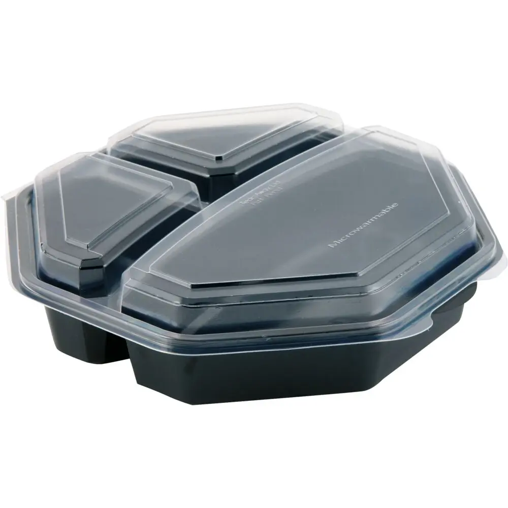 Plastbakke, 23x23x6cm, 650 ml, 3-rum, sort, PS, med hængslet låg, octaview (160 stk)