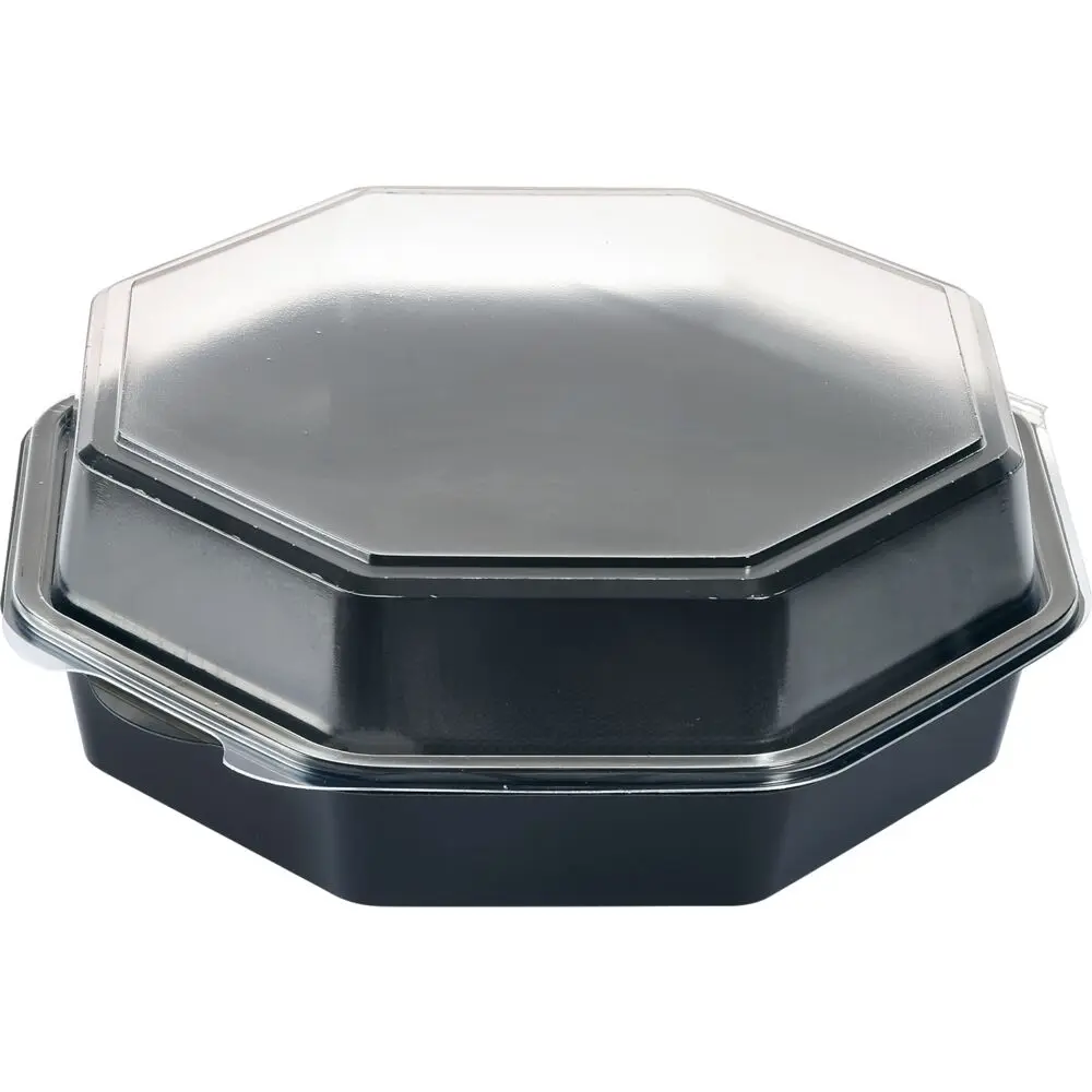 Plastbakke, 23x23x8cm, 1300 ml, sort, PS, med hængslet låg, octaview (180 stk)