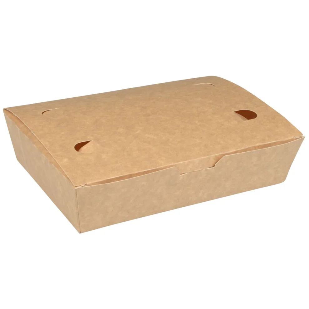 Takeaway boks, 20x14x5cm, 1400 ml, brun, pap, med hængslet låg, udstandsning i bunden, stor (400 stk)