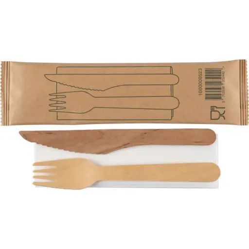 [100000952303] Bestiksæt, 16cm, brun, birketræ/nyfiber, med kniv, gaffel og serviet (400 stk)