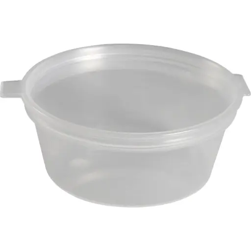 [199990677001] Dressingbæger, 2,5cm, Ø7cm, 60 ml,  klar, PP, med hængslet låg (1000 stk)