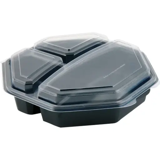 [581713] Plastbakke, 23x23x6cm, 650 ml, 3-rum, sort, PS, med hængslet låg, octaview (160 stk)